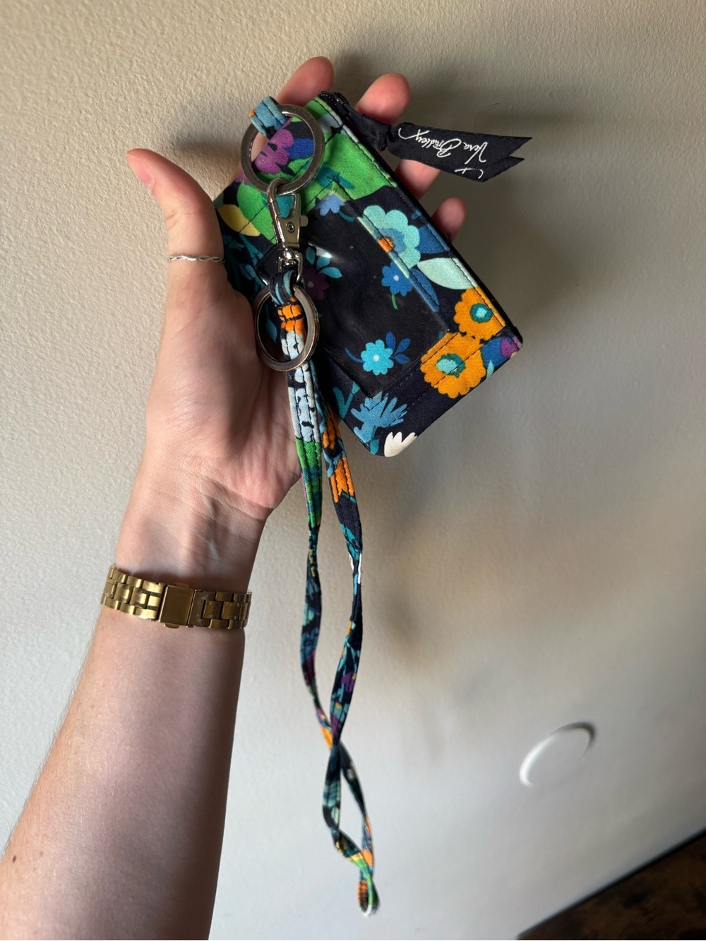 Vera Bradley Zip ID Case & Lanyard Set Floral Black Blue Orange
